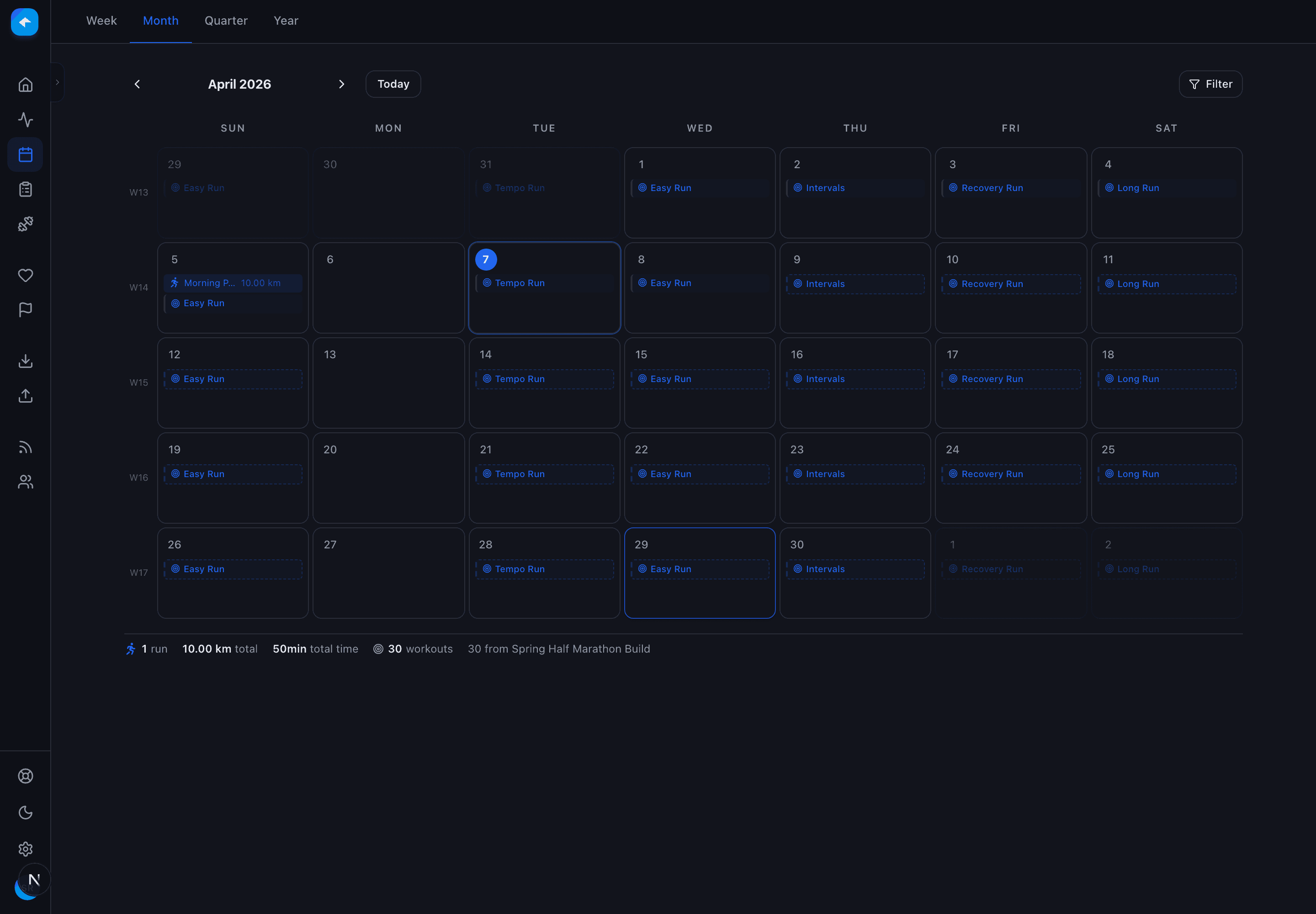 Koru calendar showing a month of scheduled and completed workouts.