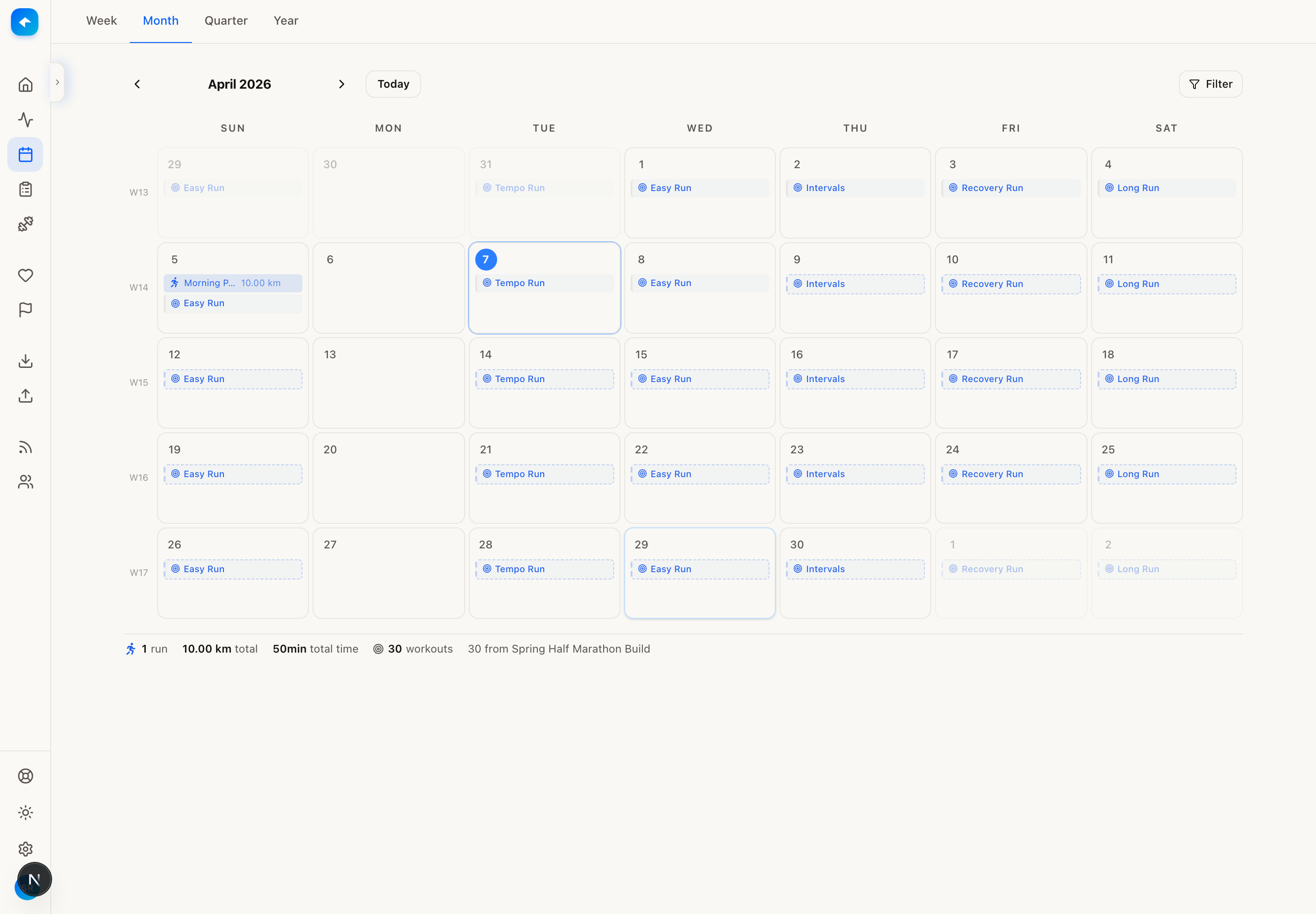 Koru calendar showing a month of scheduled and completed workouts.