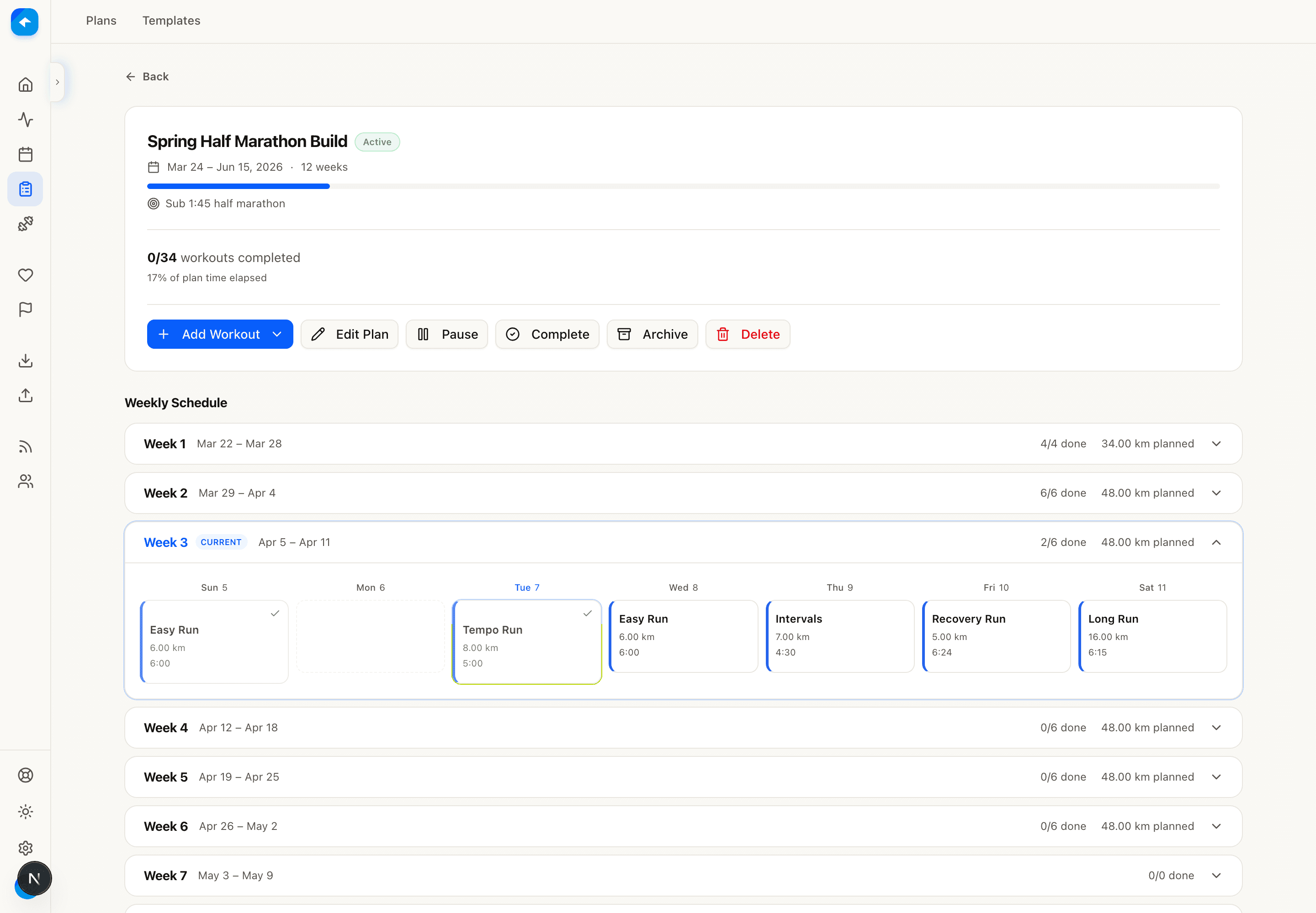 Koru training plan view showing a 12-week half marathon build with weekly workouts.